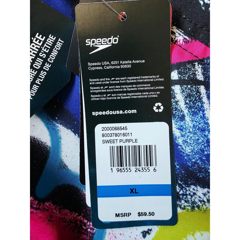 Speedo Mens‎ XL Volley Swim Trunks Purple Abstract Graffiti 4-Way Stretch NWT